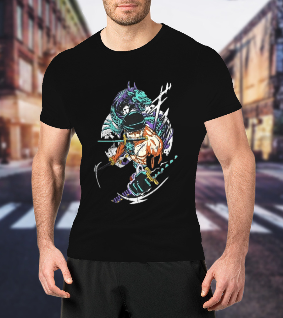 Three Sword Anime Fighter Green Dragon Warrior Distressed T-Shirt