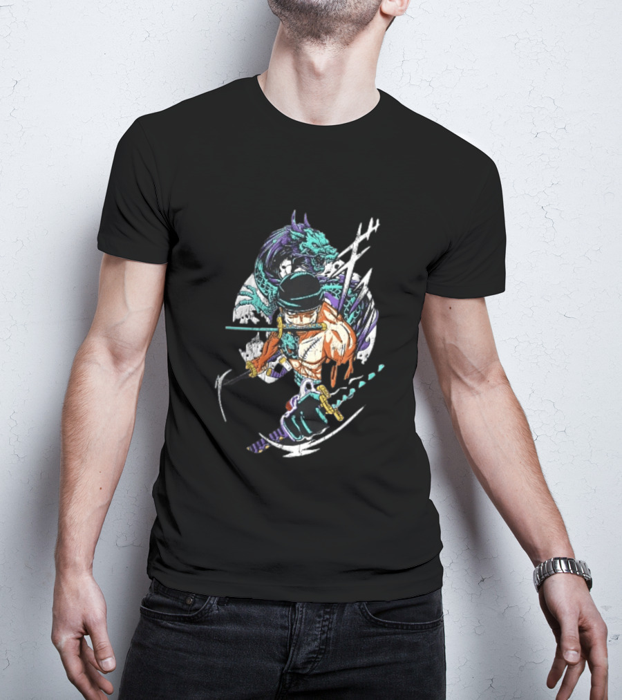 Three Sword Anime Fighter Green Dragon Warrior Distressed T-Shirt
