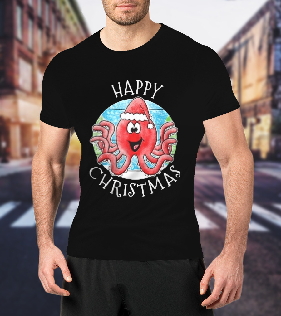 Happy Christmas Red Octopus Santa Hat Ocean Scene T-Shirt