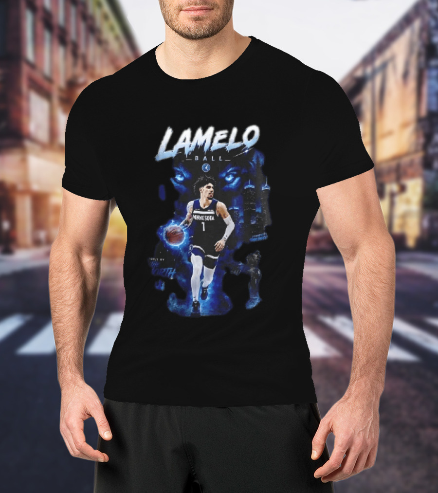 Minnesota Timberwolves Built By The North Lamelo Ball Dribbling Glowing Eyes Skyline T-Shirt