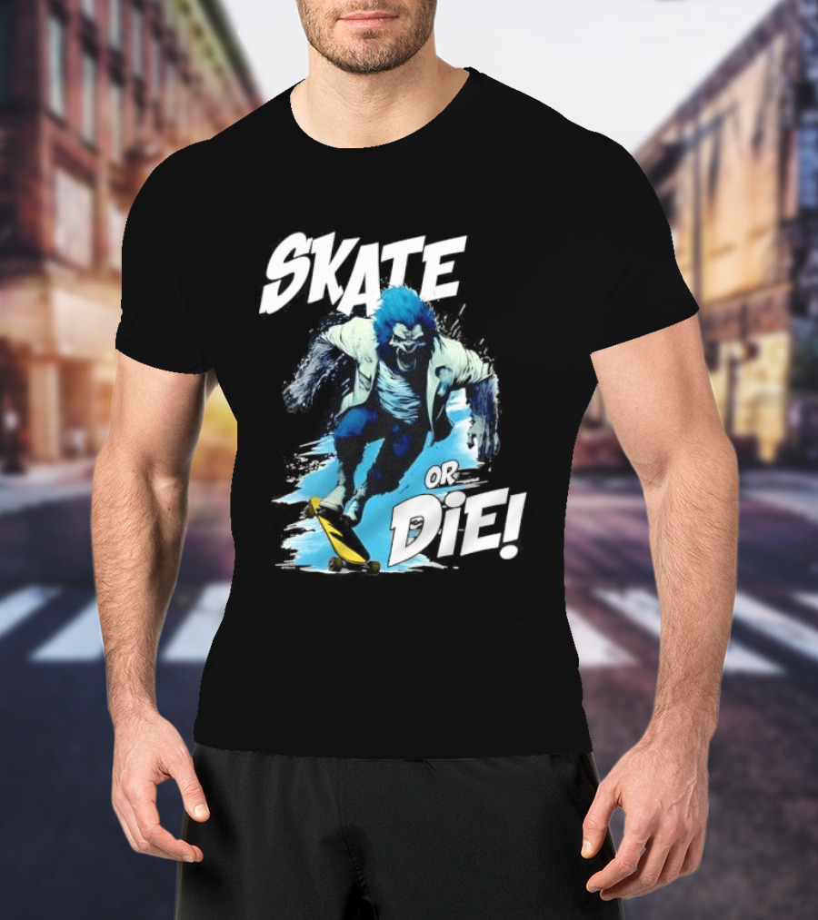Skate Or Die Wolfy Classic Blue Werewolf Skateboarding T-Shirt
