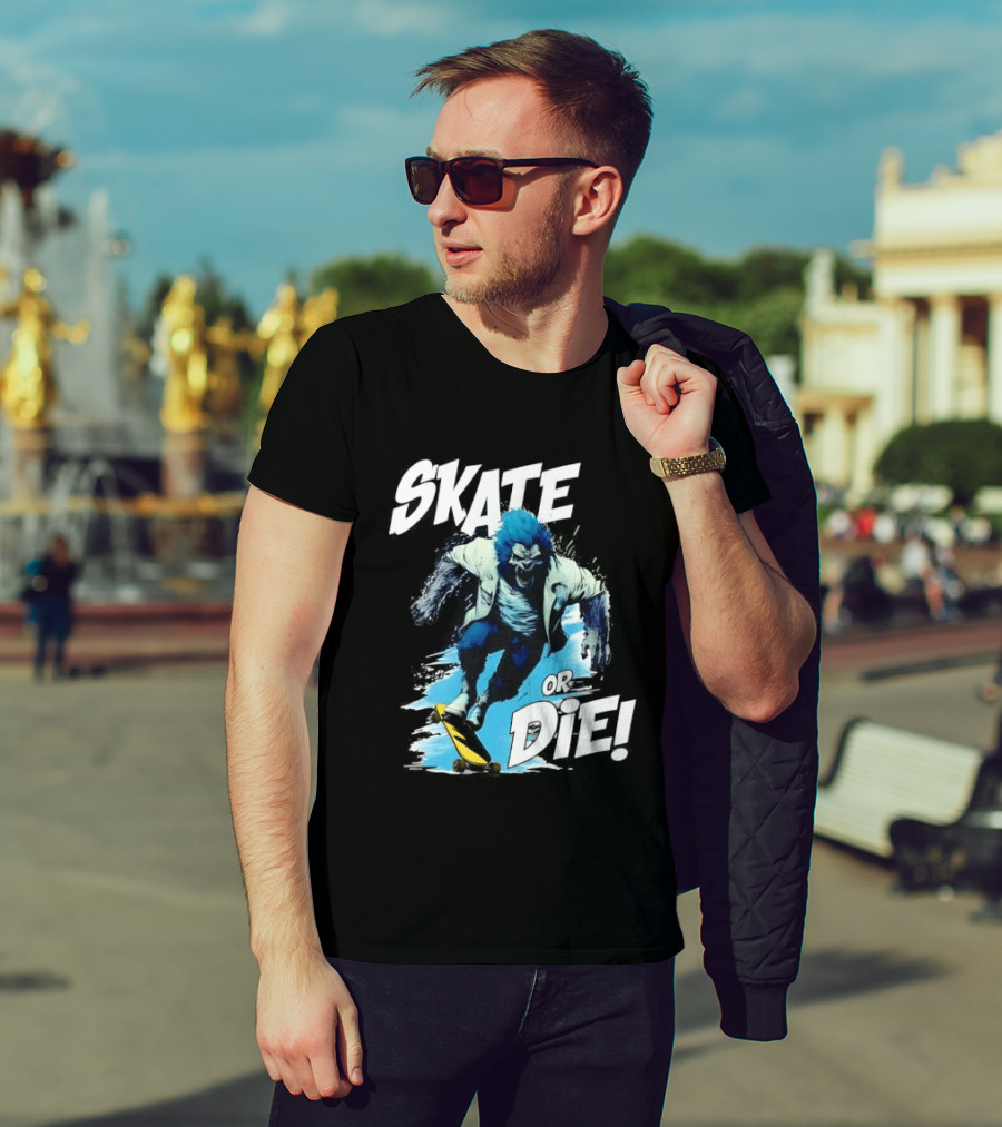 Skate Or Die Wolfy Classic Blue Werewolf Skateboarding T-Shirt