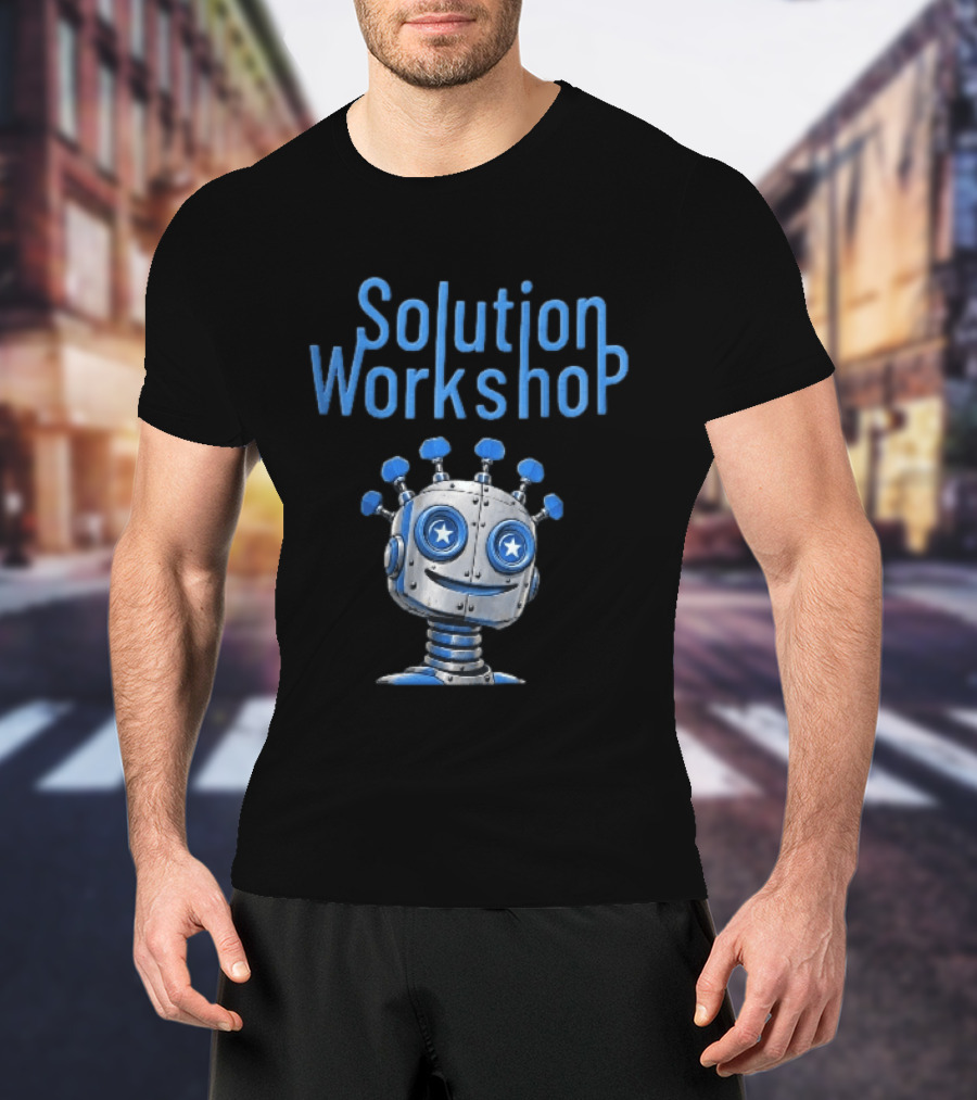 Solution Workshop Cartoon Metallic Robot Head With Star Eyes And Guitar Tuning Pegs T-Shirt