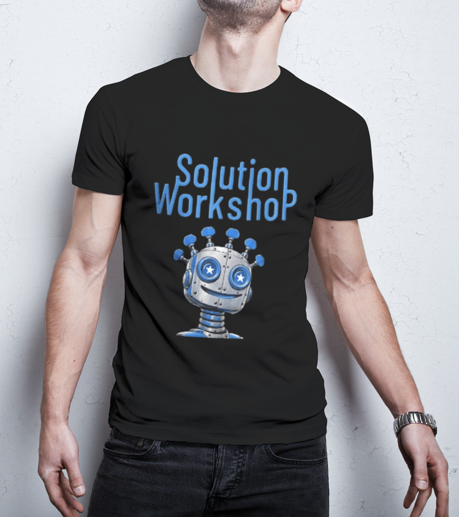 Solution Workshop Cartoon Metallic Robot Head With Star Eyes And Guitar Tuning Pegs T-Shirt
