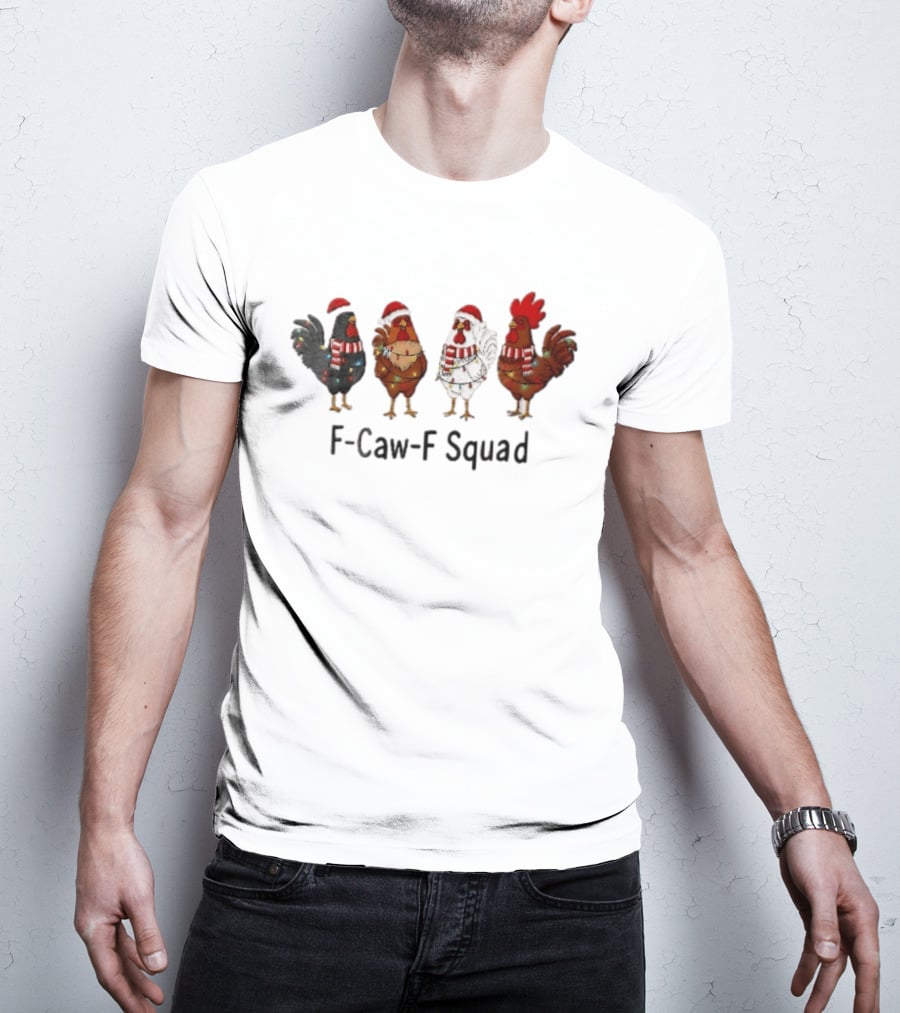 F Caw F Squad Four Chickens Santa Hats Christmas Lights Scarf Accessories T-Shirt