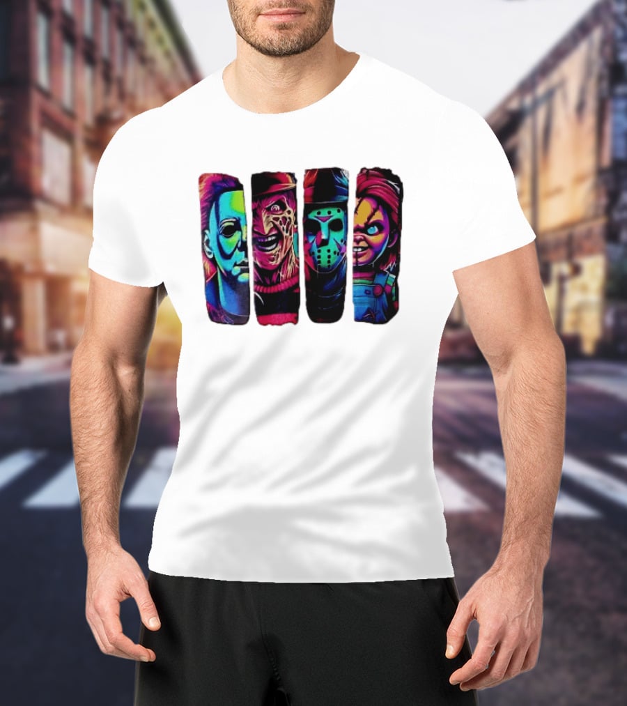 Fluorescent Horror Movie Slasher Faces Vertical Panels T-Shirt