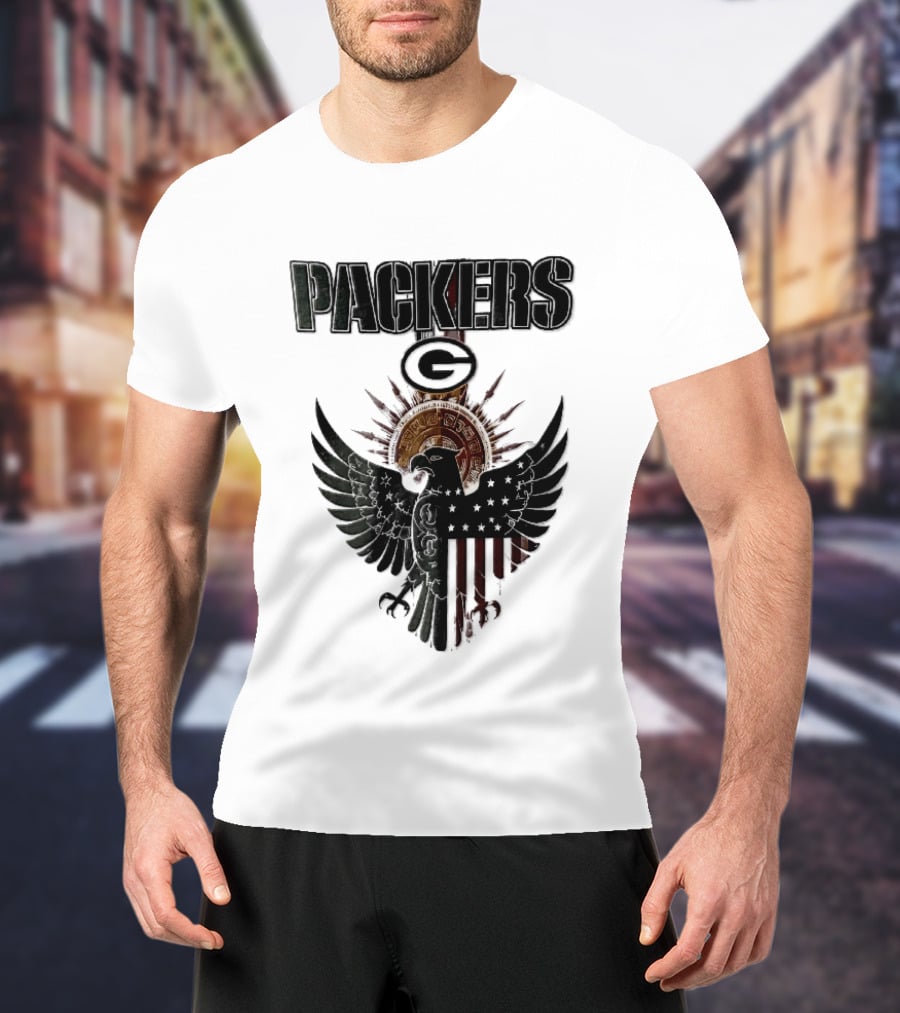 Packers Green Bay Eagle American Flag Aztec Sun T-Shirt