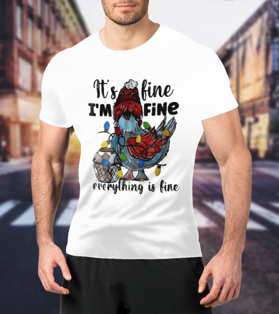 It's Fine I'm Fine Everything Is Fine Cartoon Chicken Tangled Christmas Lights T-Shirt
