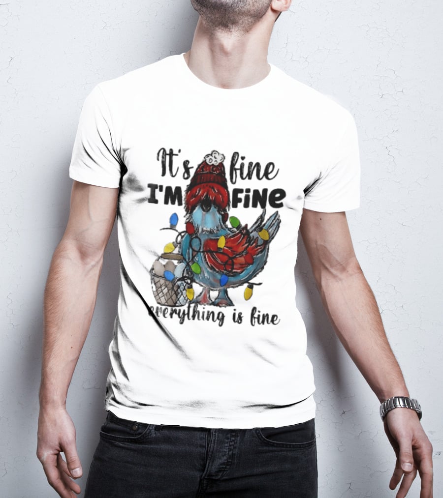 It's Fine I'm Fine Everything Is Fine Cartoon Chicken Tangled Christmas Lights T-Shirt