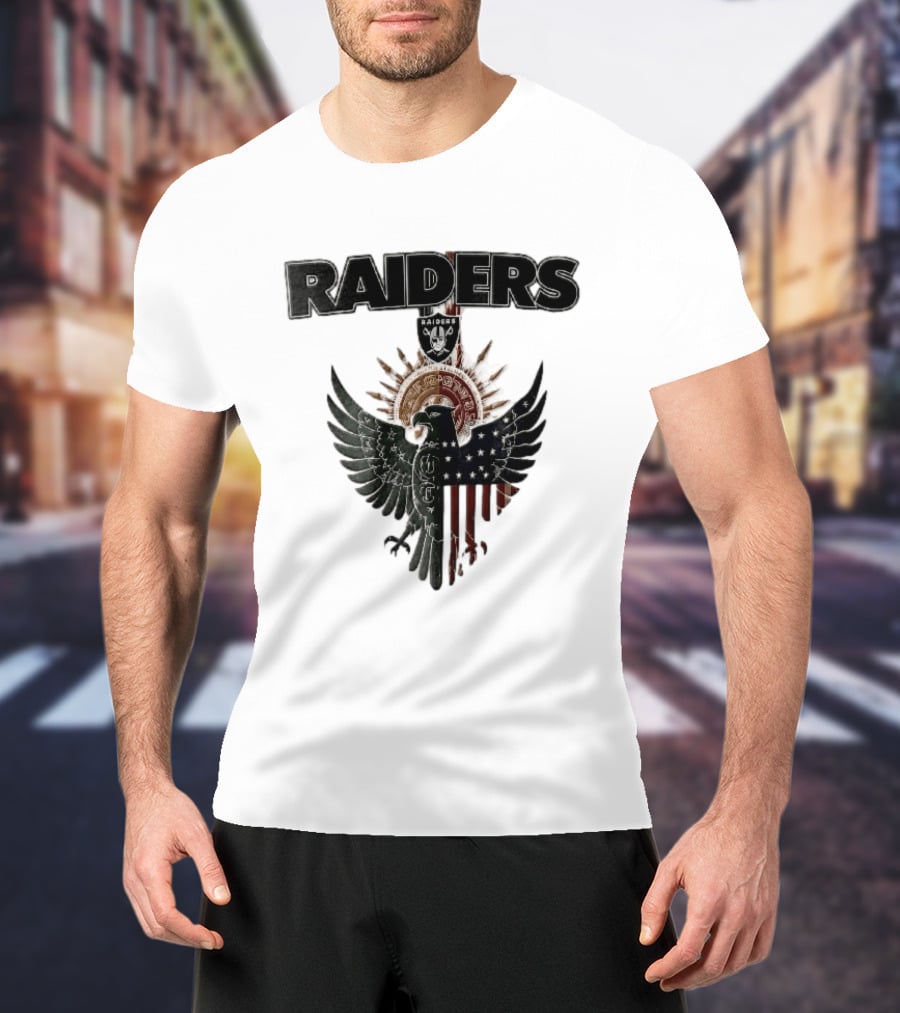 Las Vegas Raiders Mexican American Flag Split Aztec Eagle T-Shirt