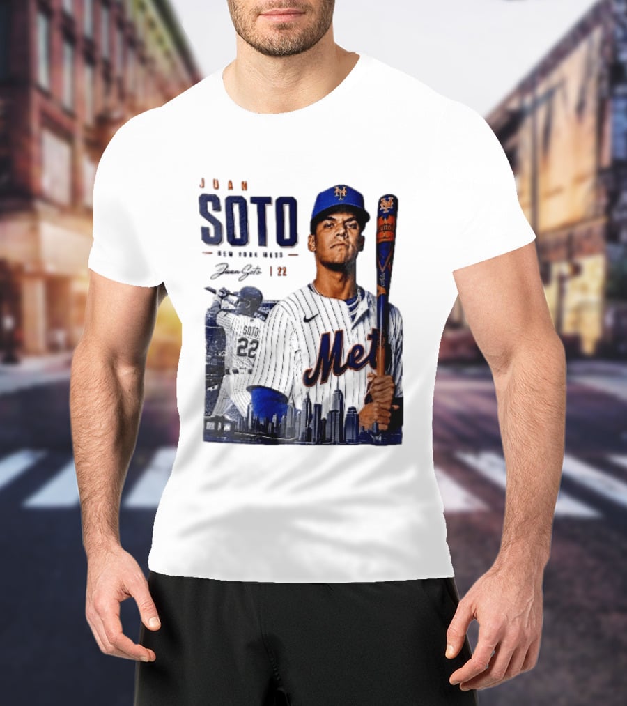Juan Soto New York Mets MLB 22 Player Batting Skyline Collage T-Shirt
