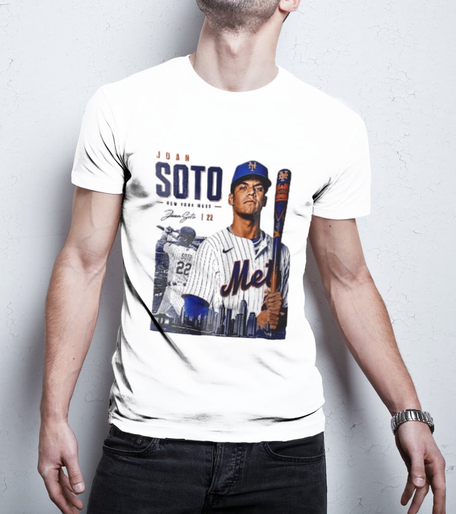 Juan Soto New York Mets MLB 22 Player Batting Skyline Collage T-Shirt