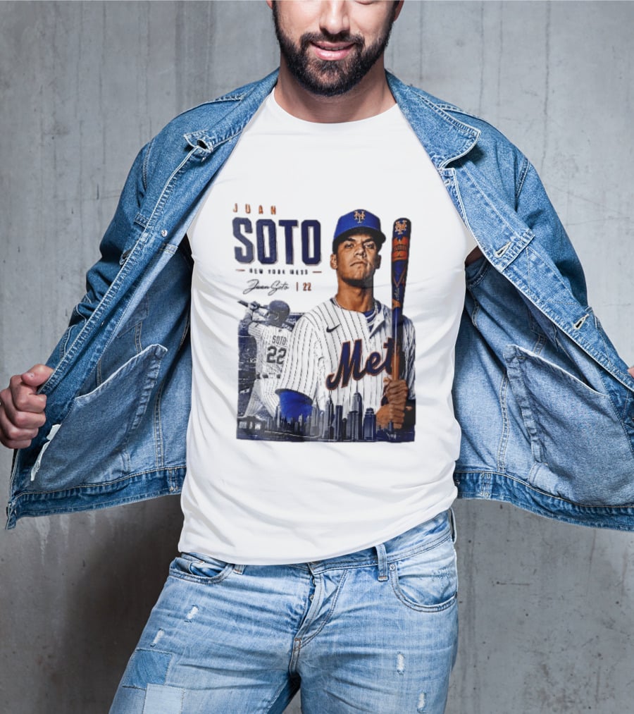 Juan Soto New York Mets MLB 22 Player Batting Skyline Collage T-Shirt