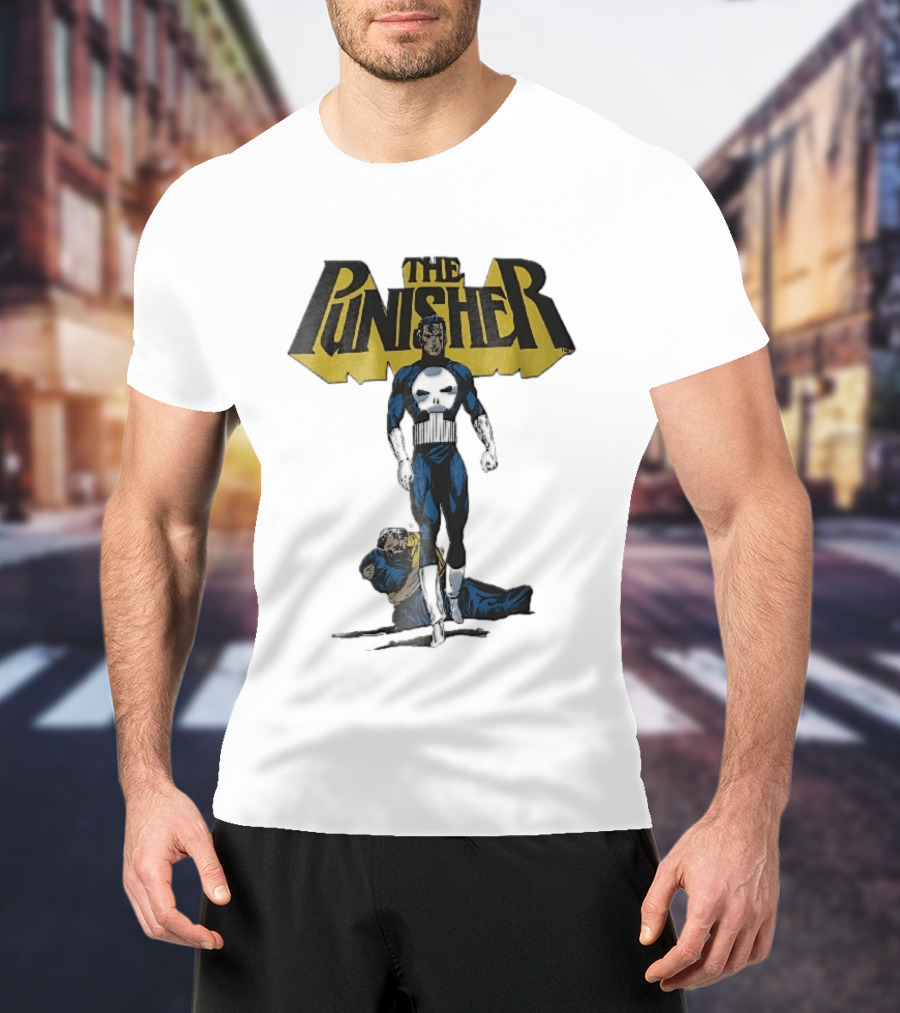 The Punisher Superhero Skull Comic Walking Scene With Defeated Man T-Shirt