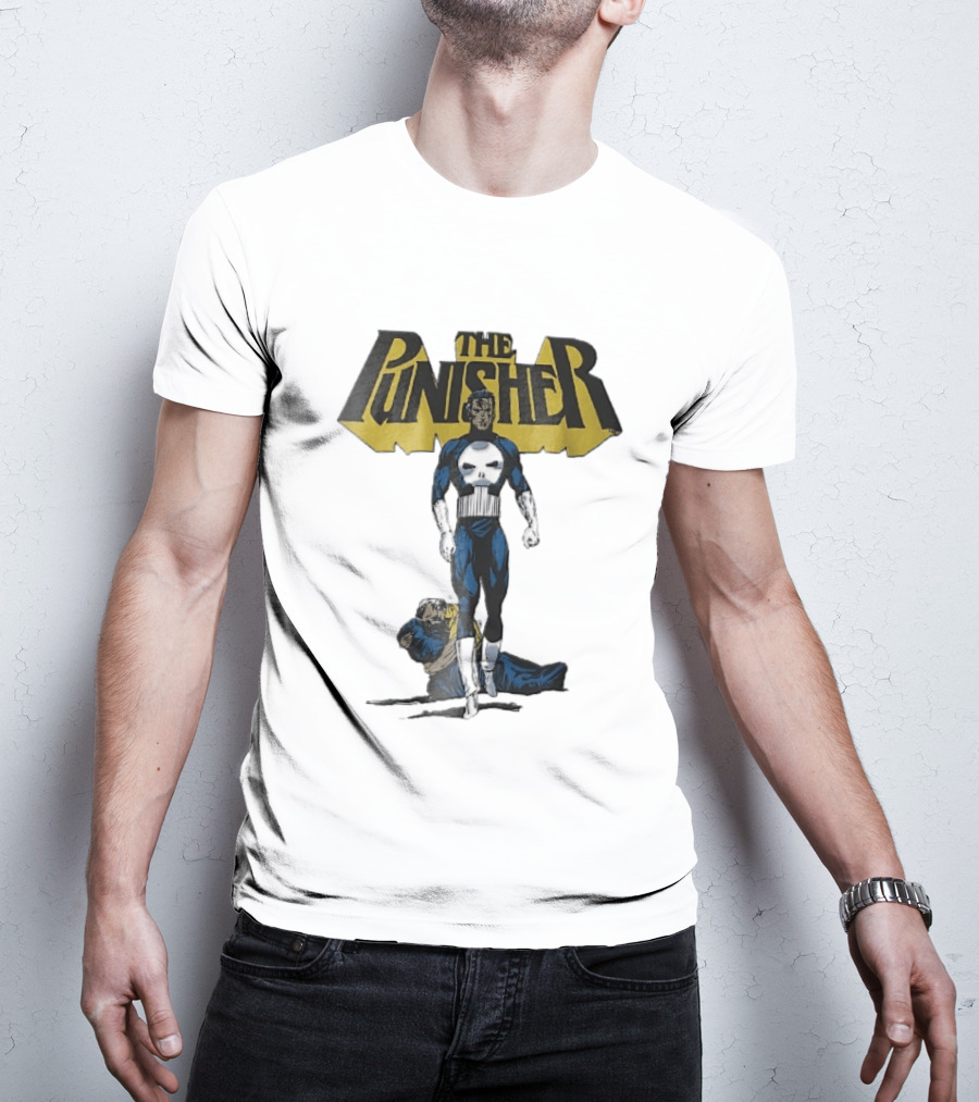 The Punisher Superhero Skull Comic Walking Scene With Defeated Man T-Shirt