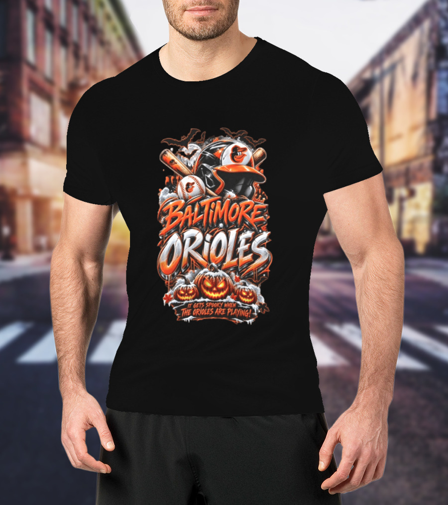 Baltimore Orioles MLB It Gets Spooky When They Are Playing Halloween Pumpkins Baseball T-Shirt