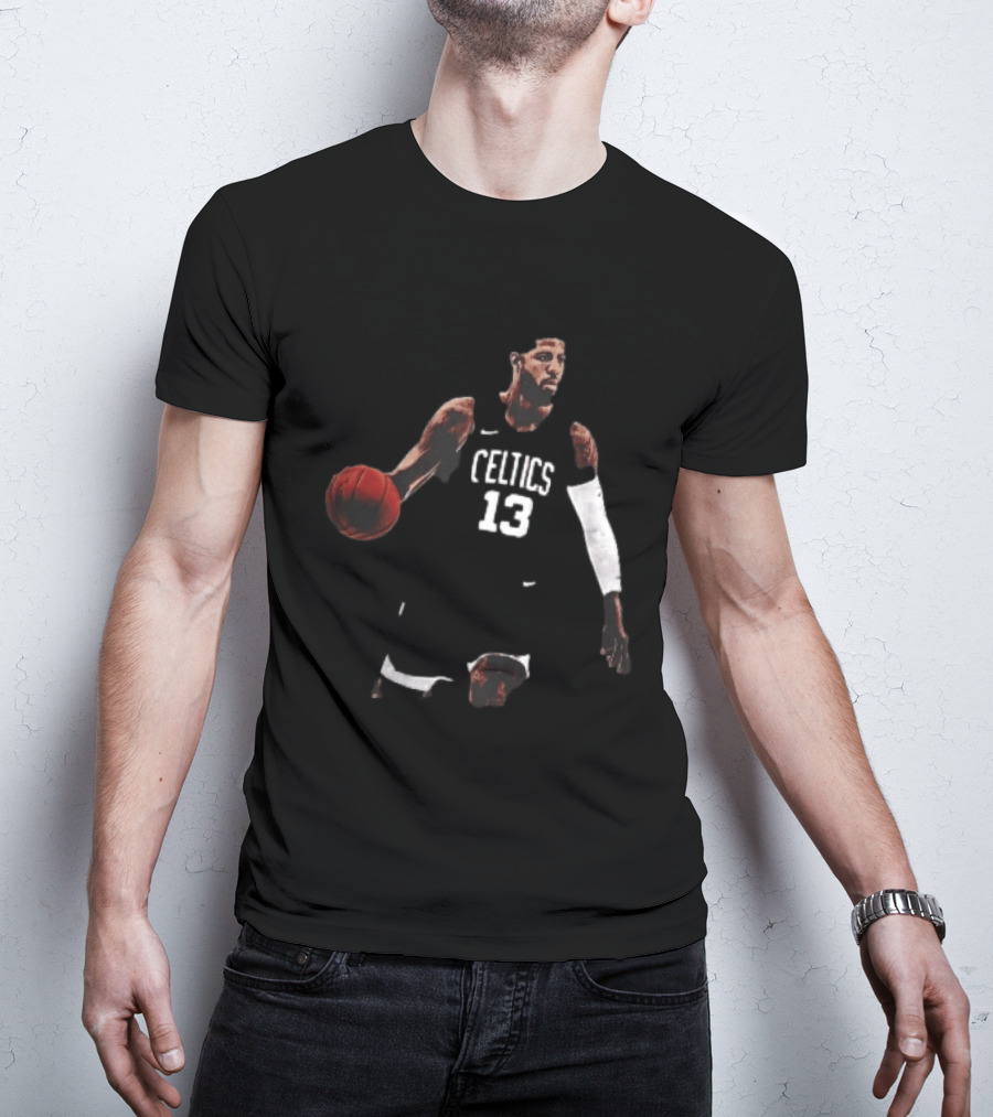 Boston Celtics 13 Bearded Basketball Player Dribbling Dark T-Shirt