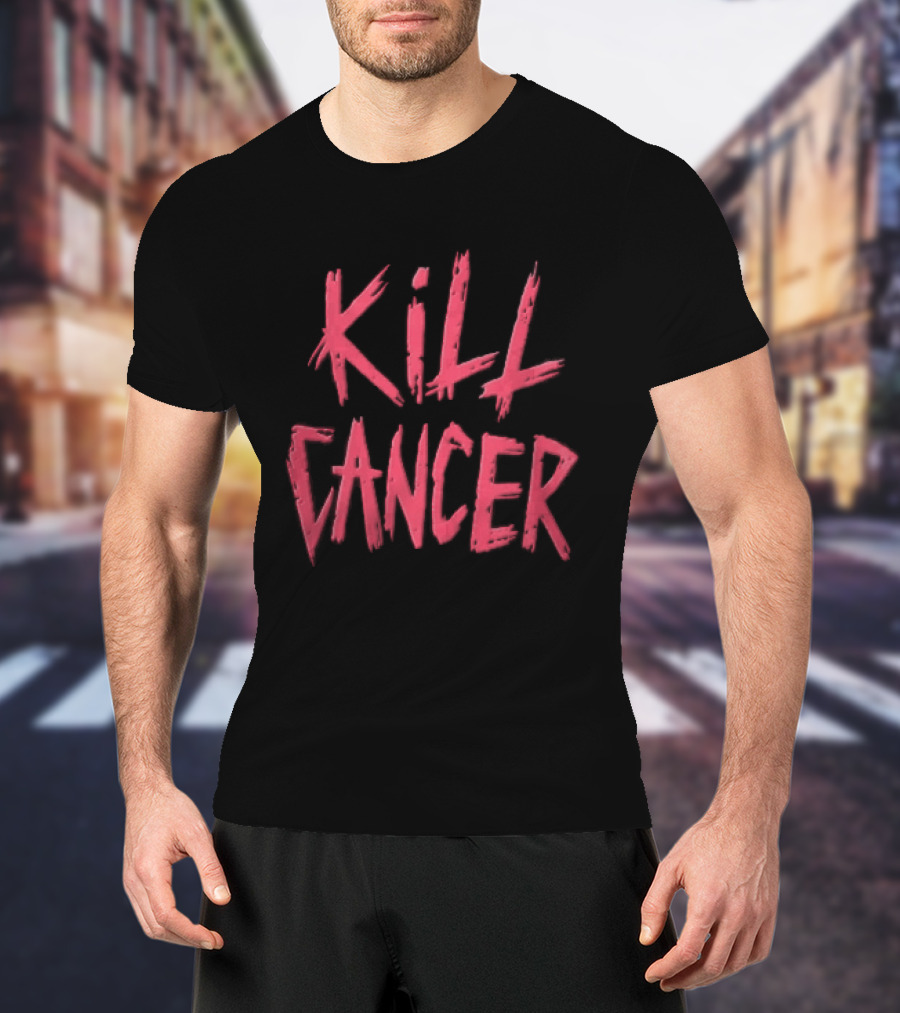 Kill Cancer Red Distressed Brush Stroke Lettering T-Shirt