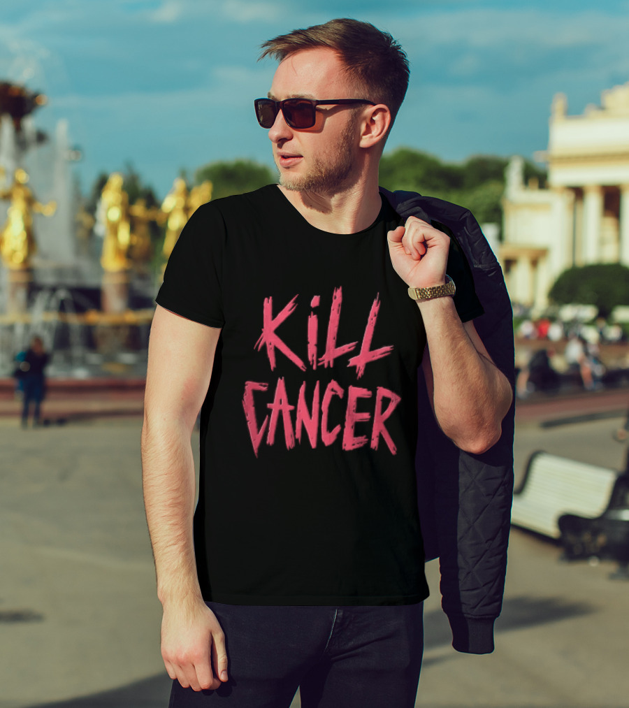 Kill Cancer Red Distressed Brush Stroke Lettering T-Shirt