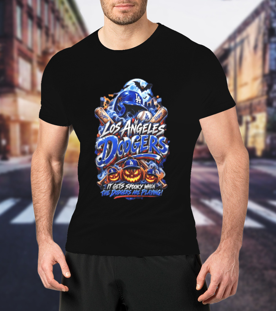 Los Angeles Dodgers Halloween Spooky Theme With Pumpkins And Baseball T-Shirt