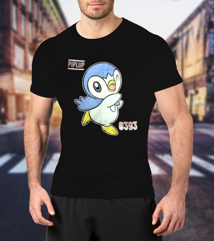 Piplup 0393 Cartoon Penguin Waving Paper Crease Sticker Yellow Feet T-Shirt