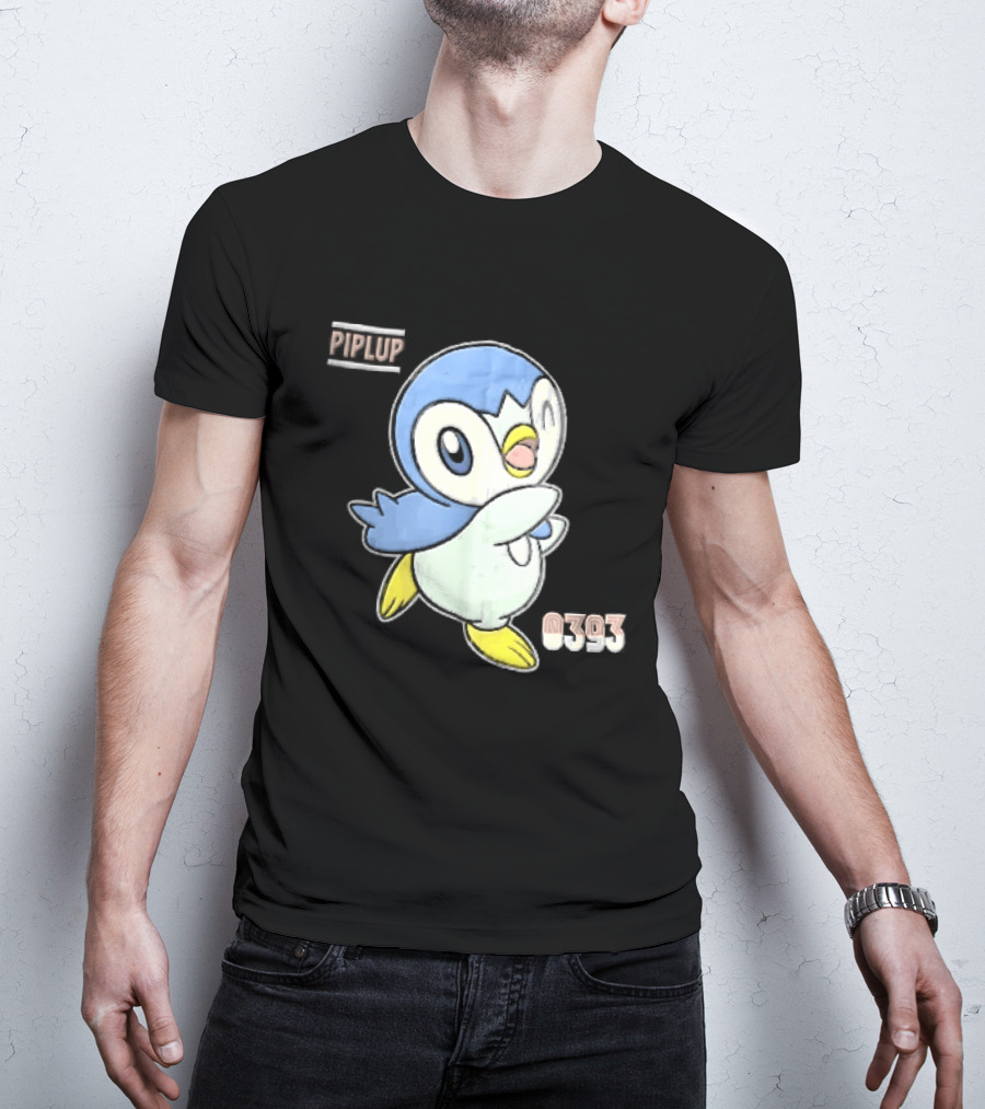 Piplup 0393 Cartoon Penguin Waving Paper Crease Sticker Yellow Feet T-Shirt