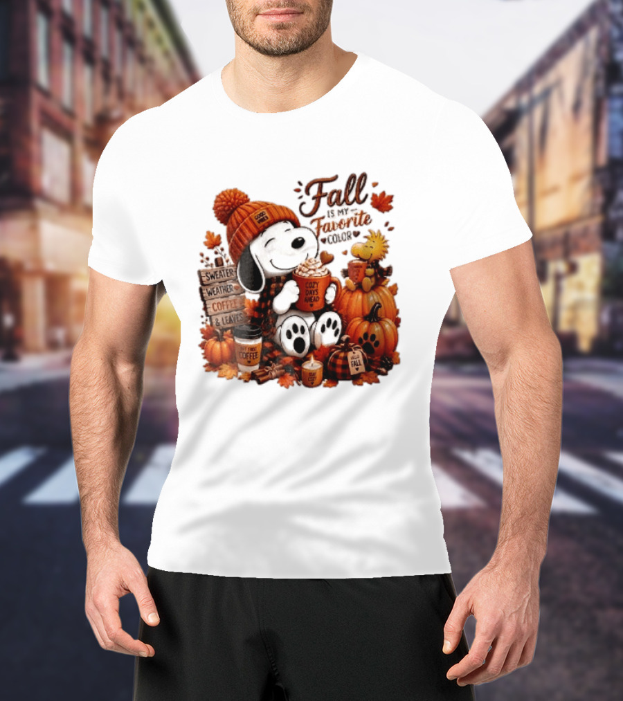 Fall Is My Favorite Color Sweater Weather Coffee Leaves Cozy Days Cartoon Dog Bird Pumpkins T-Shirt