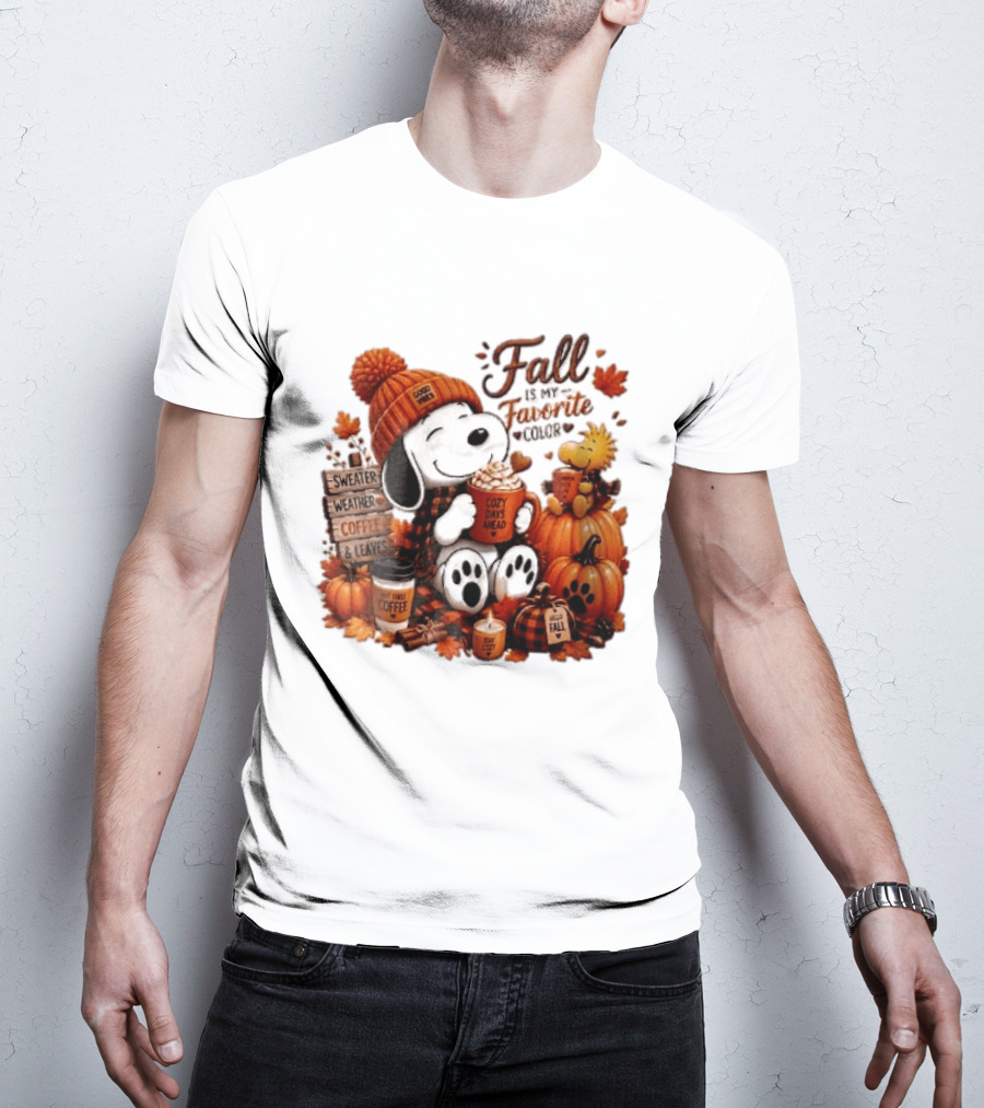 Fall Is My Favorite Color Sweater Weather Coffee Leaves Cozy Days Cartoon Dog Bird Pumpkins T-Shirt