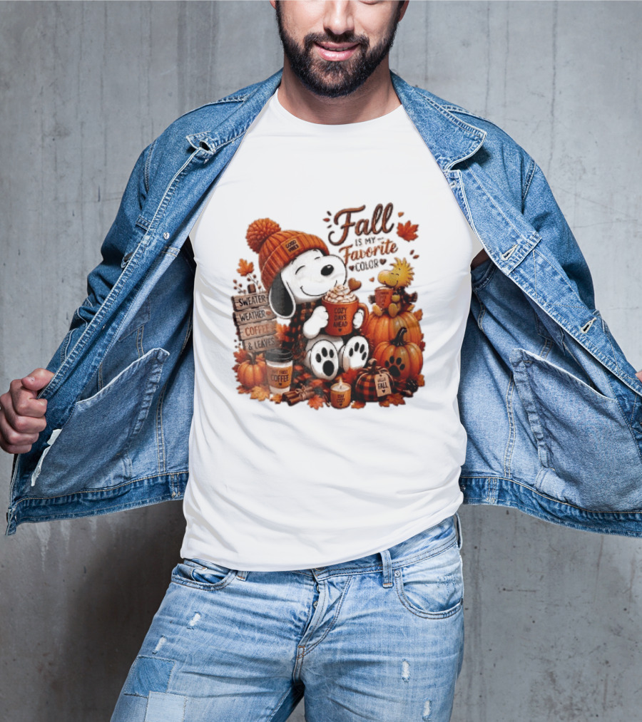 Fall Is My Favorite Color Sweater Weather Coffee Leaves Cozy Days Cartoon Dog Bird Pumpkins T-Shirt