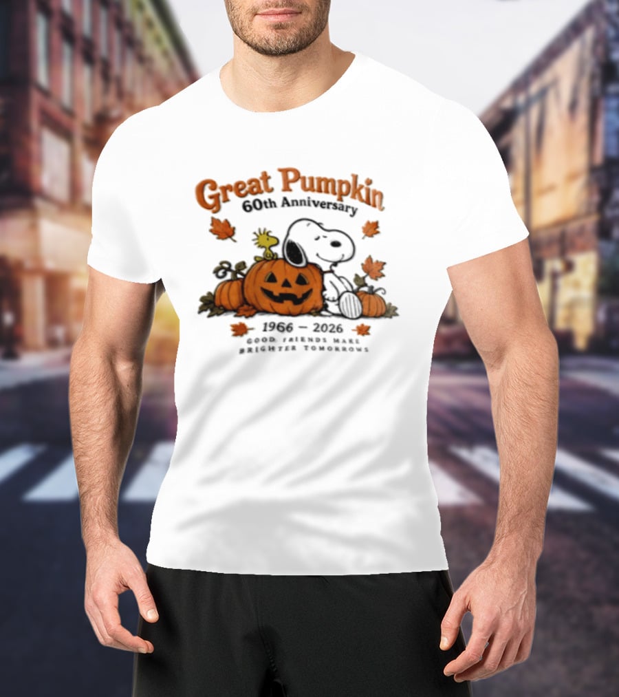 Great Pumpkin 60th Anniversary 1966 2026 Snoopy Woodstock Peanuts Good Friends Make Brighter Tomorrows T-Shirt