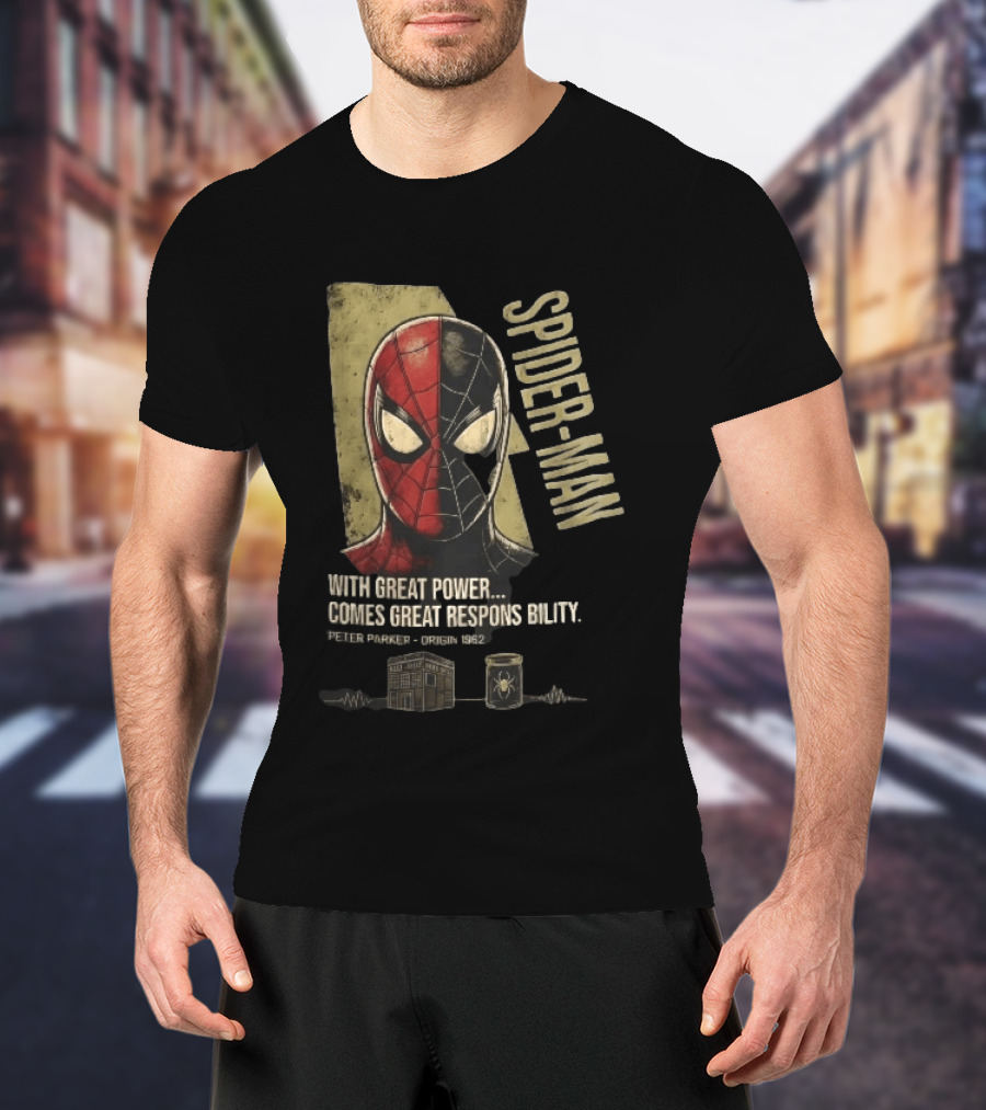 Spider Man With Great Power Comes Great Responsibility Peter Parker Origin 1962 Split Mask T-Shirt