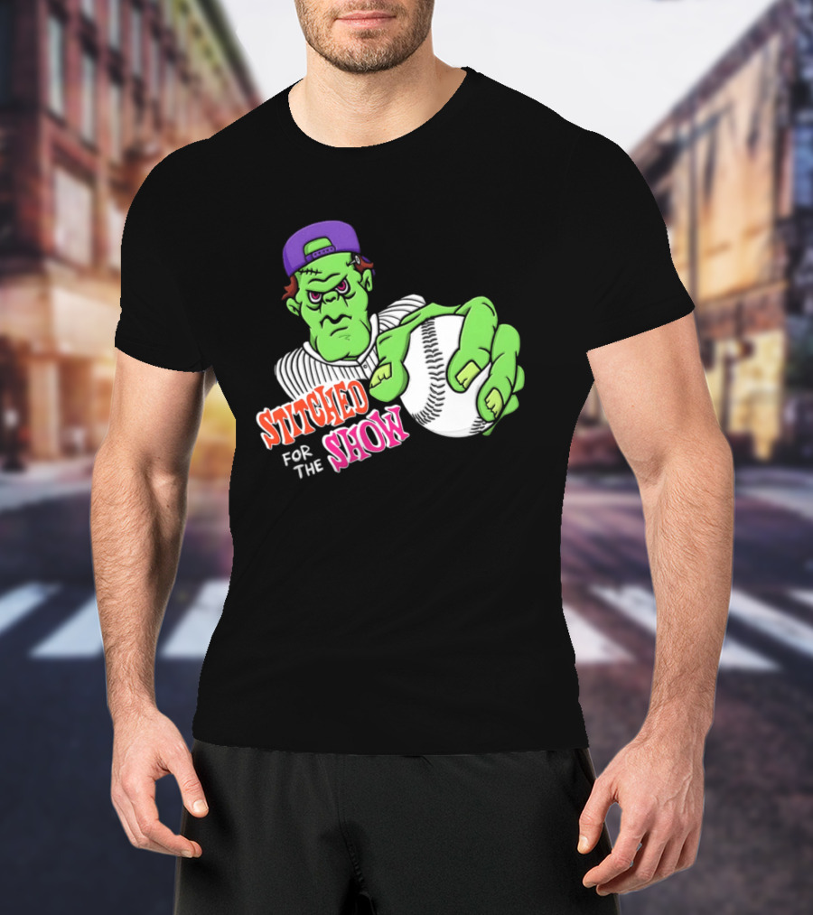 Stitched For The Show Baseball Monster Pitcher Cartoon T-Shirt