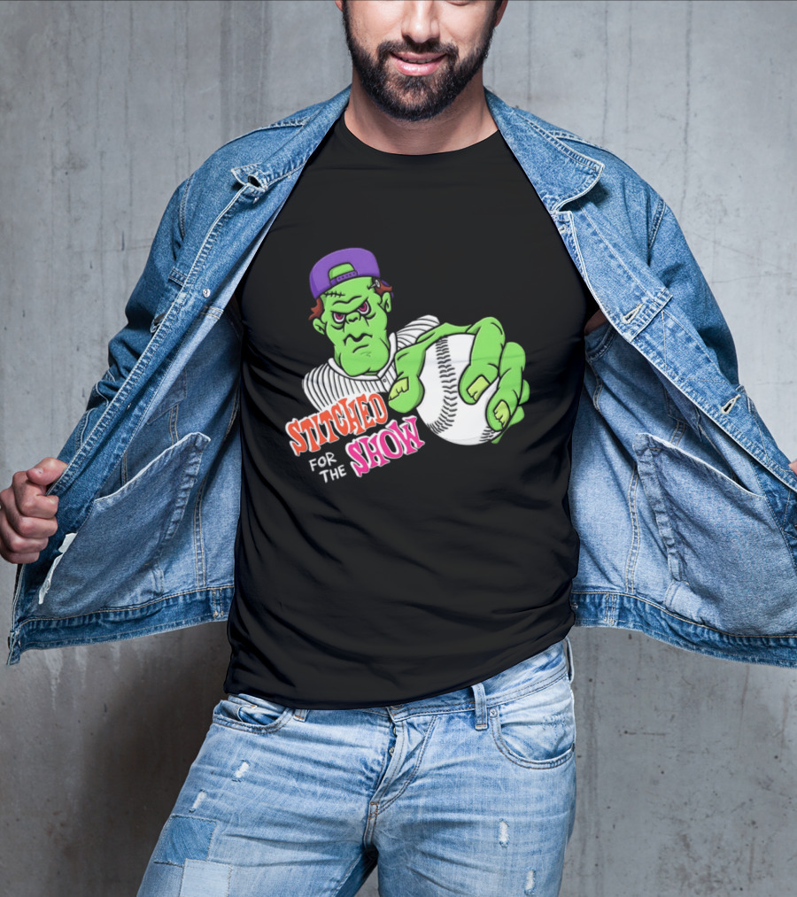 Stitched For The Show Baseball Monster Pitcher Cartoon T-Shirt
