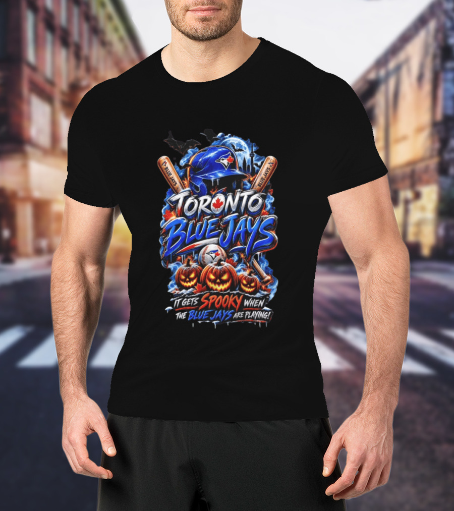 Toronto Blue Jays Halloween Spooky Baseball Theme Bat Pumpkins T-Shirt