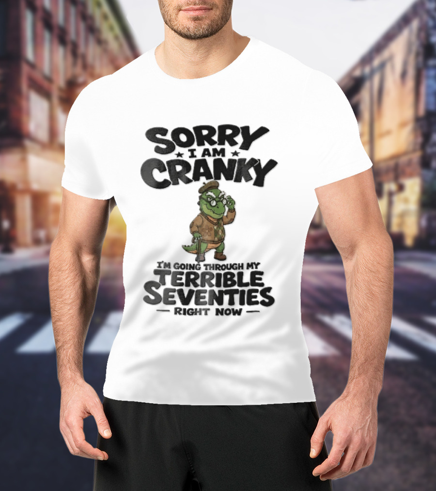 Sorry I Am Cranky Terrible Seventies Cartoon Elderly Alligator Cane Beret T-Shirt
