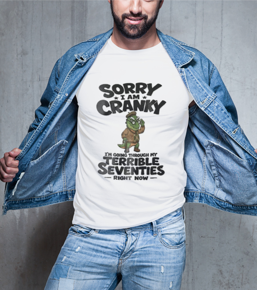 Sorry I Am Cranky Terrible Seventies Cartoon Elderly Alligator Cane Beret T-Shirt