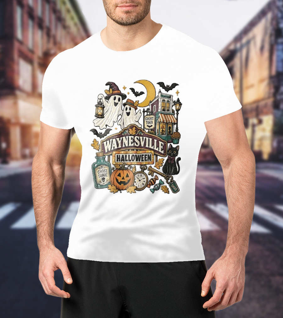 Waynesville Halloween Ghost Tour Ohio Cartoon Pumpkin Black Cat Crescent Moon Ghost Tonic Key T-Shirt
