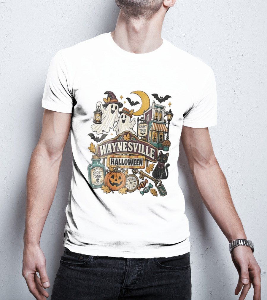 Waynesville Halloween Ghost Tour Ohio Cartoon Pumpkin Black Cat Crescent Moon Ghost Tonic Key T-Shirt