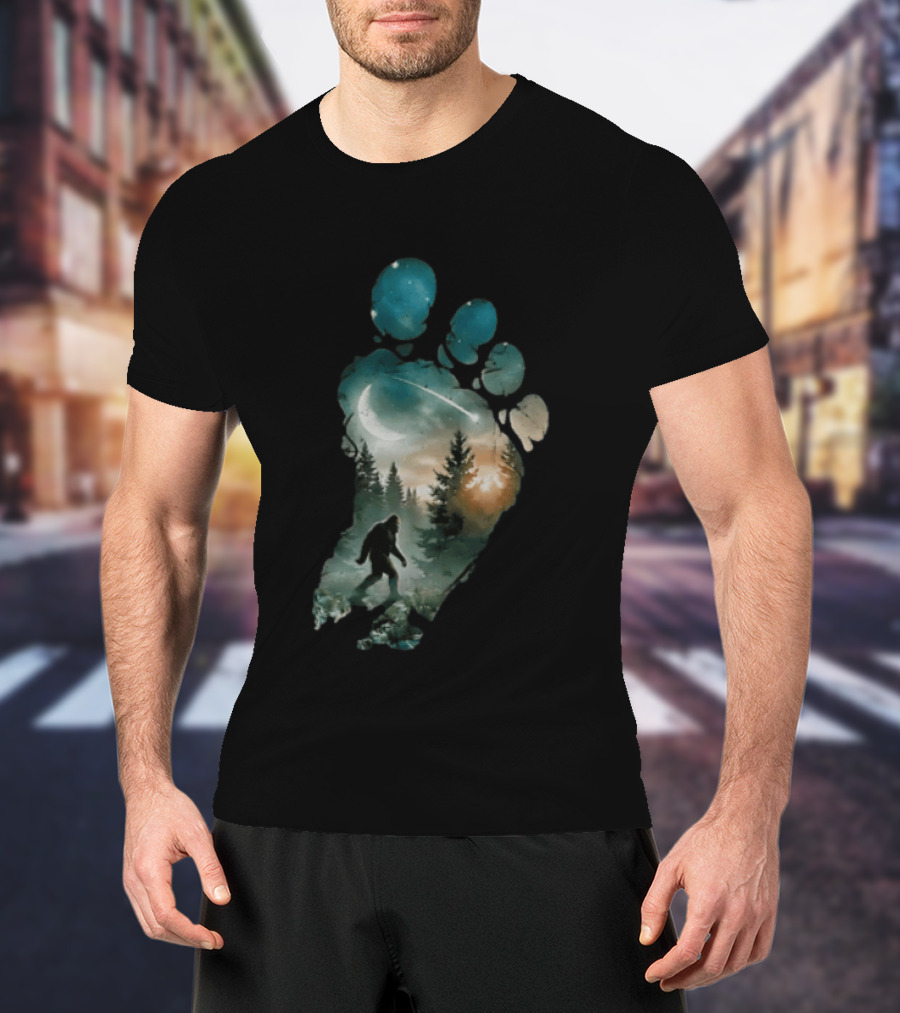 Bigfoot Footprint Moon Mountain Trees Forest Sasquatch Night Scene T-Shirt