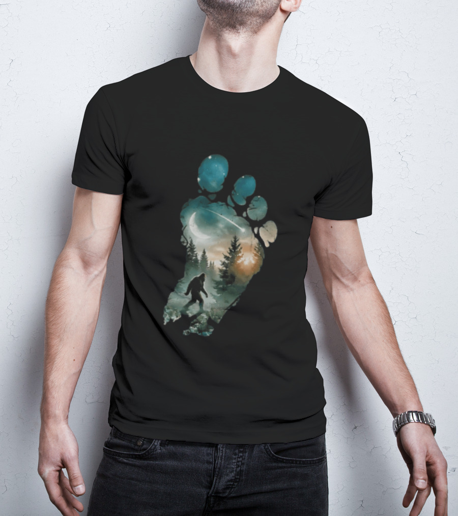Bigfoot Footprint Moon Mountain Trees Forest Sasquatch Night Scene T-Shirt