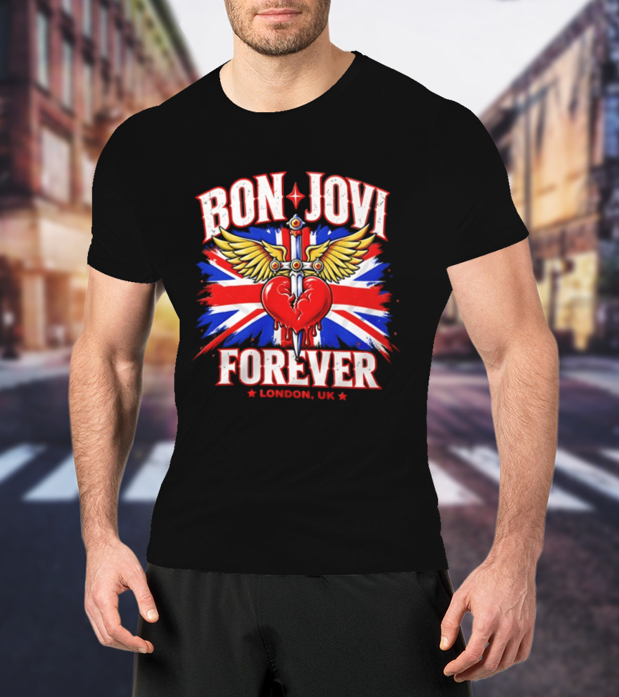 Bon Jovi Forever London UK Tour Union Jack Heart And Dagger Wings T-Shirt