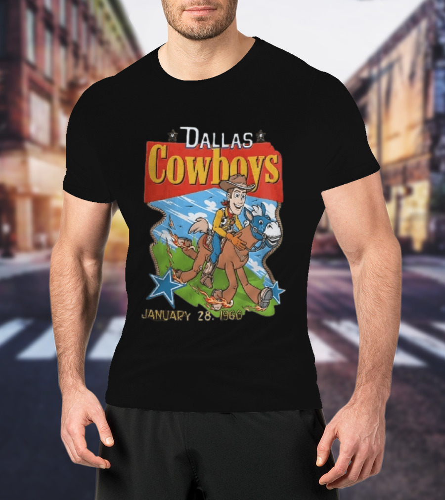 Dallas Cowboys Woody Riding Toy Horse Flames Stars January 28 1960 T-Shirt