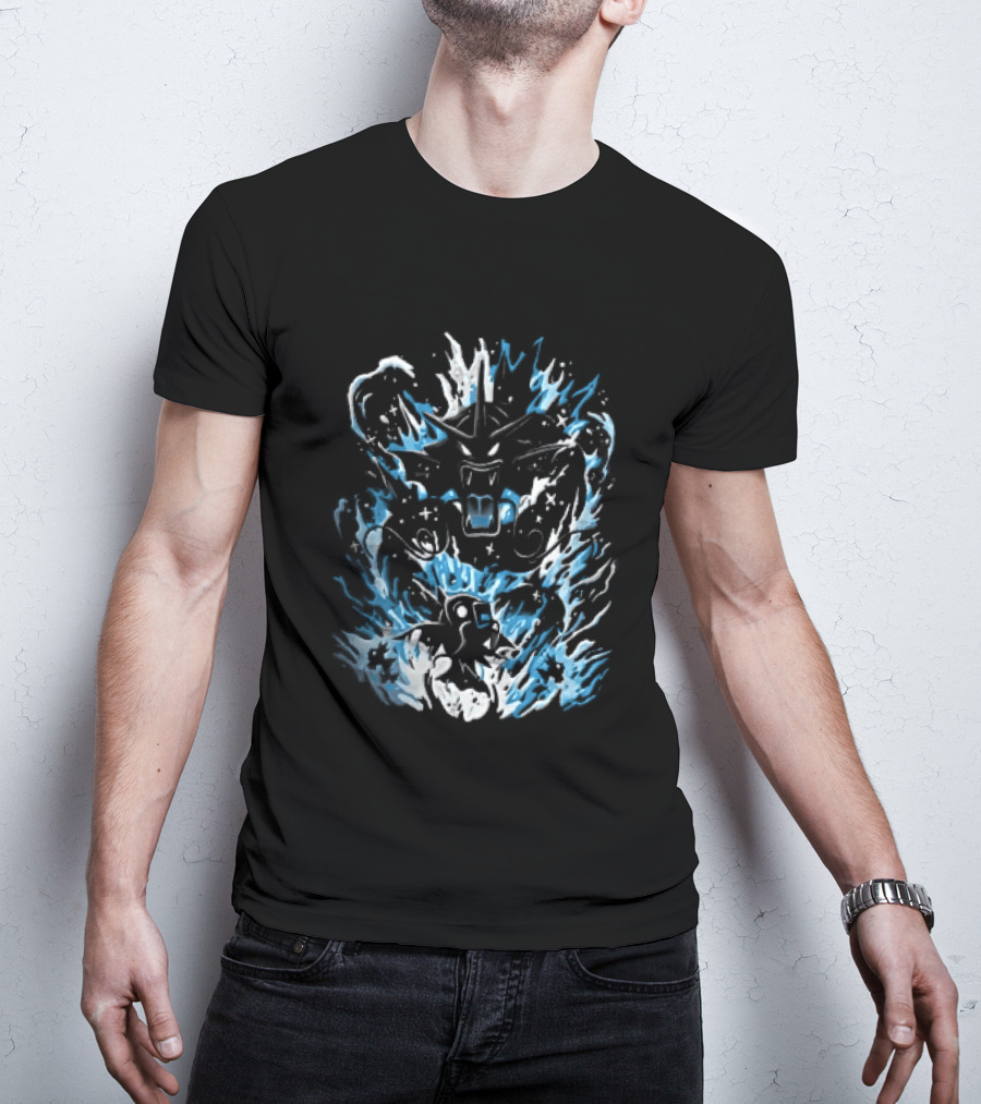 Dark Cartoon Red Gyarados Gold Magikarp Splashing Water Waves Pokémon Collection T-Shirt