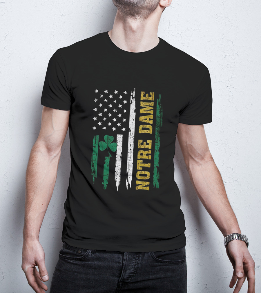Notre Dame Irish American Flag Football Clover Stars T-Shirt