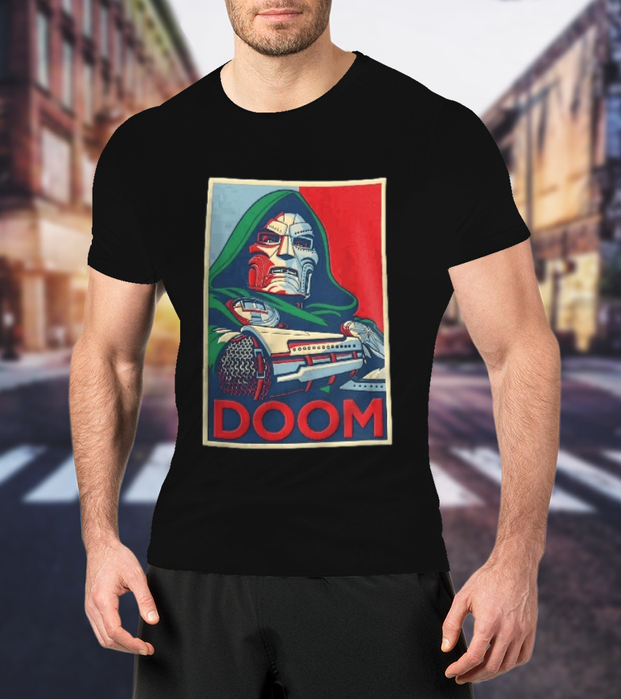 Doom Supervillain Mask Hooded Armored Gauntlets Red Blue T-Shirt