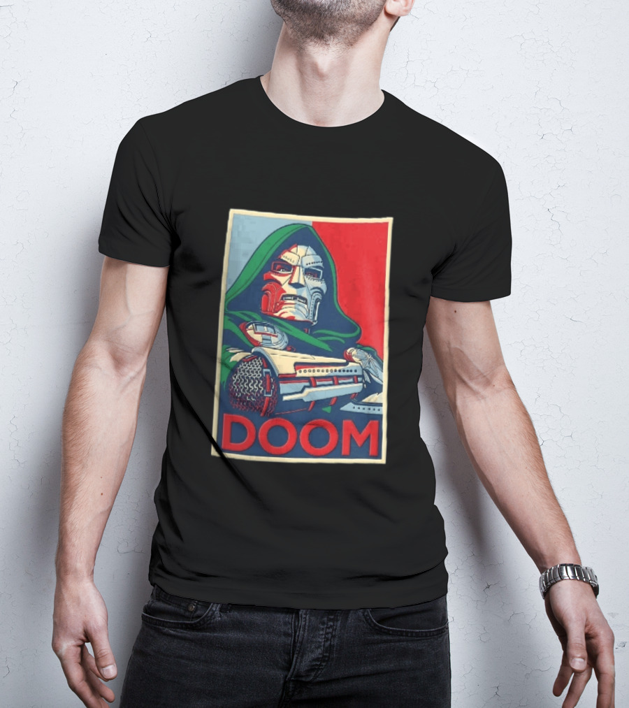 Doom Supervillain Mask Hooded Armored Gauntlets Red Blue T-Shirt