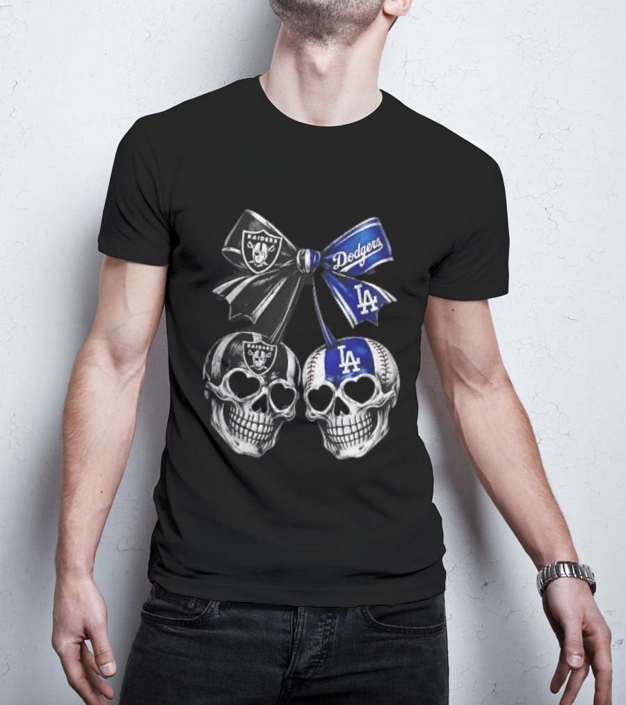 Las Vegas Raiders Los Angeles Dodgers MLB Skulls Cherry Heart Eye Sockets Bow Ribbon T-Shirt