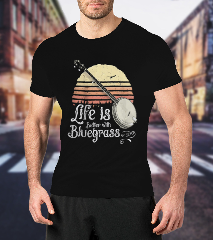 Life Is Better With Bluegrass Vintage Sunset Banjo T-Shirt