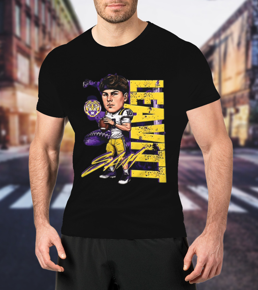 Sam Levis LSU Tigers Football Player Caricature Leavitt 18 Signature T-Shirt