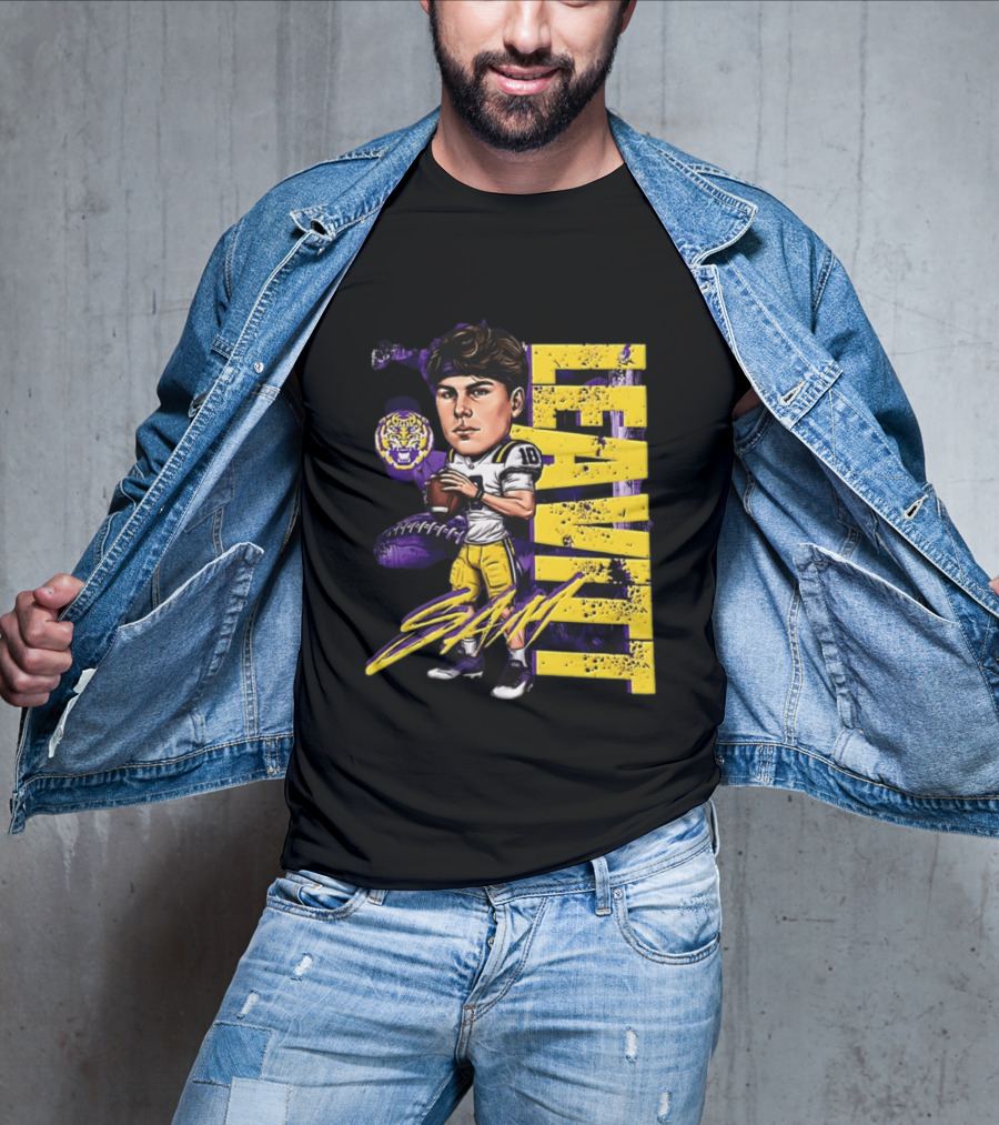 Sam Levis LSU Tigers Football Player Caricature Leavitt 18 Signature T-Shirt